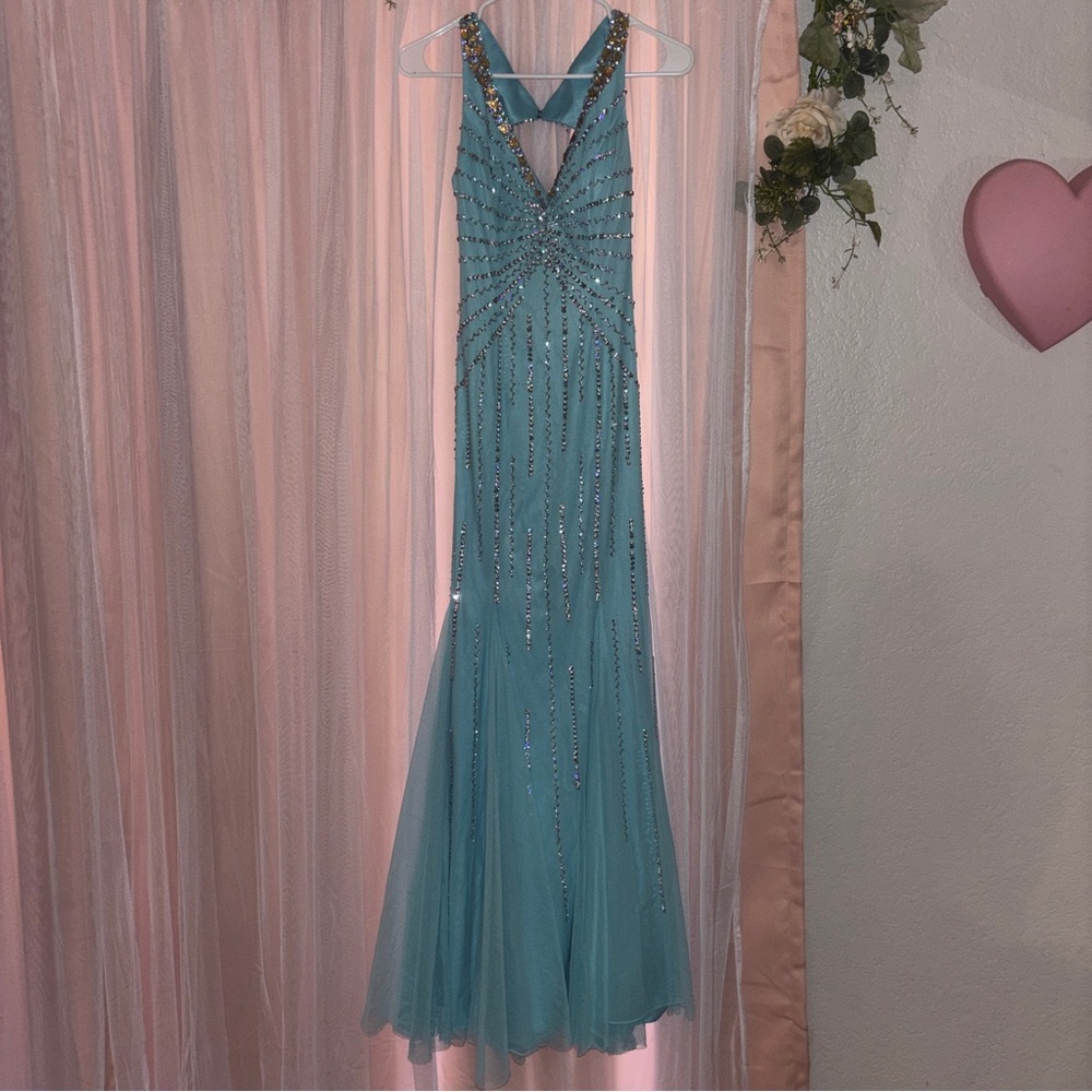 Sean Collection Turquoise Backless Prom Dress